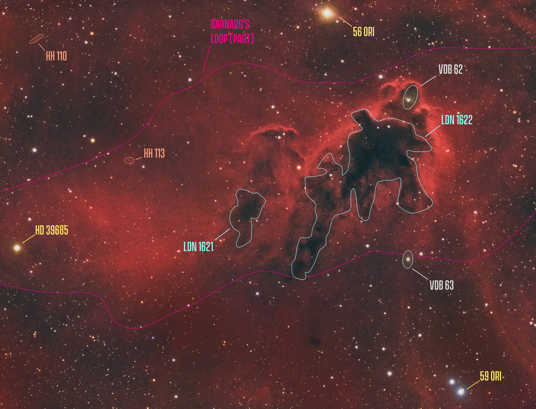 Annotated Image of LDN1622, Boogeyman Nebula, HaRGB