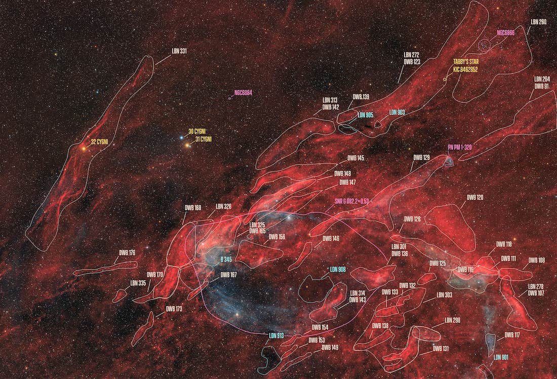 Annotated Image of Northwestern Cygnus, 8 panel mosaic, HaOIIIRGB